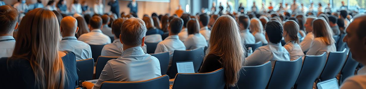 A diverse group of health and safety professionals networking at a health and safety conference.
