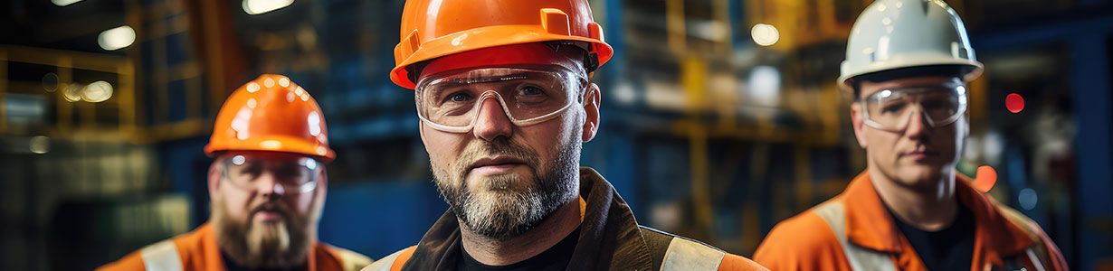 A person wearing safety gear and working in a factory